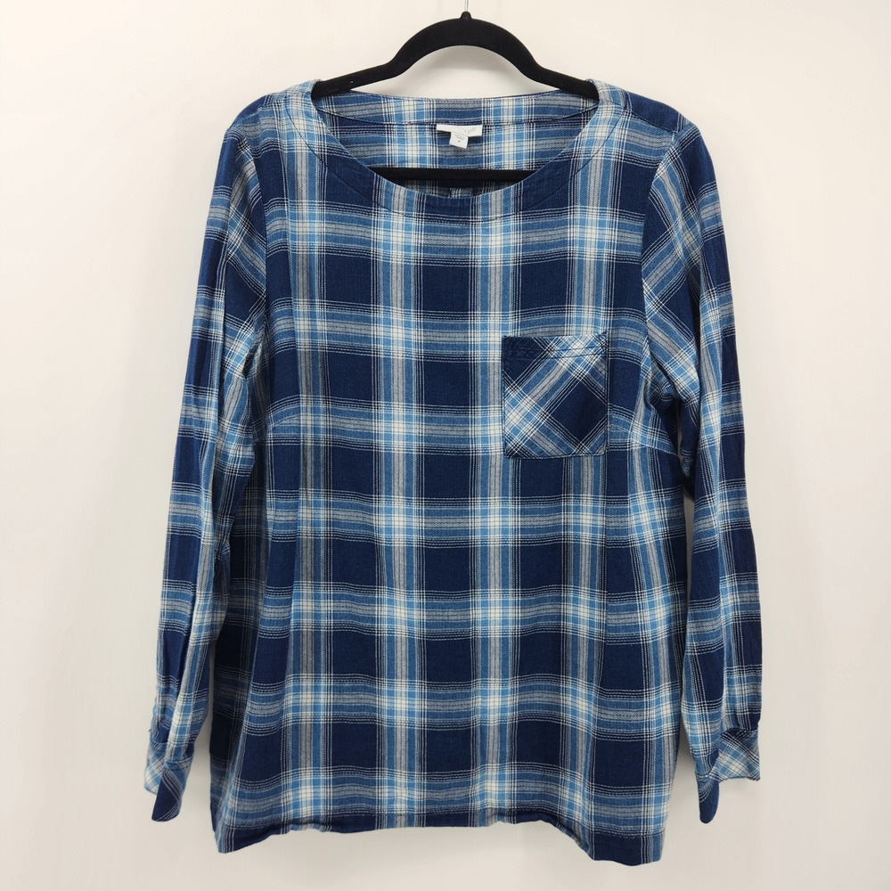 J.Jill Women's Blue Plaid Long Sleeve Button Back Cotton Shirt Top Size M